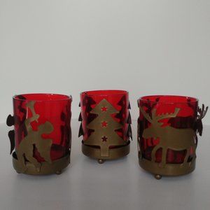 Holiday Votive Candleholders Red Glass Brown Metal Cut Out Design Holiday Decor